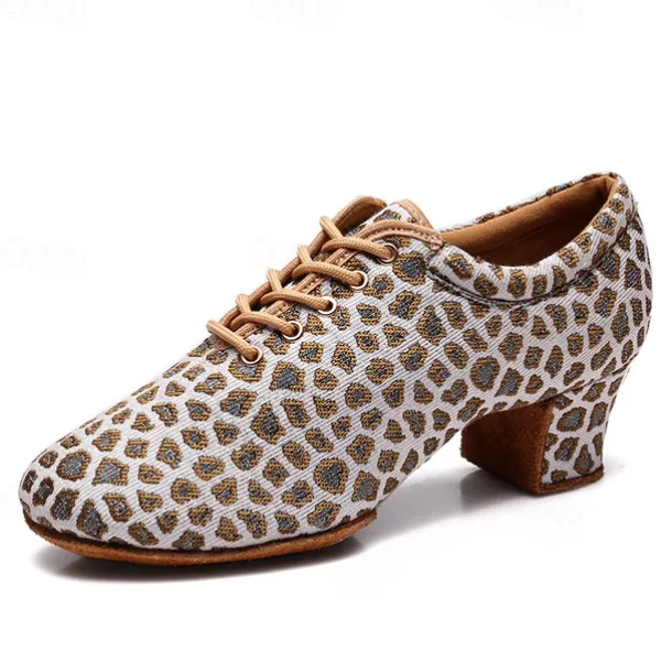 Women's Latin Shoes Practice Trainning Dance Shoes Performance Training Heel Cuban Heel Round Toe Lace-up Adults' Black Brown