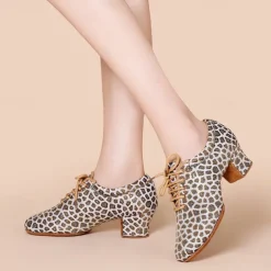 Women's Latin Shoes Practice Trainning Dance Shoes Performance Training Heel Cuban Heel Round Toe Lace-up Adults' Black Brown