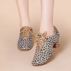 Women's Latin Shoes Practice Trainning Dance Shoes Performance Training Heel Cuban Heel Round Toe Lace-up Adults' Black Brown