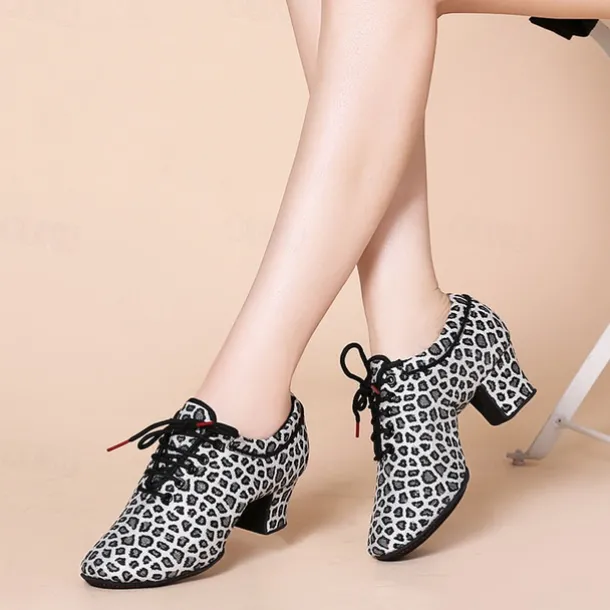 Women's Latin Shoes Practice Trainning Dance Shoes Performance Training Heel Cuban Heel Round Toe Lace-up Adults' Black Brown