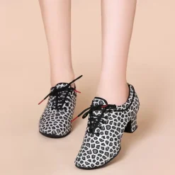 Women's Latin Shoes Practice Trainning Dance Shoes Performance Training Heel Cuban Heel Round Toe Lace-up Adults' Black Brown