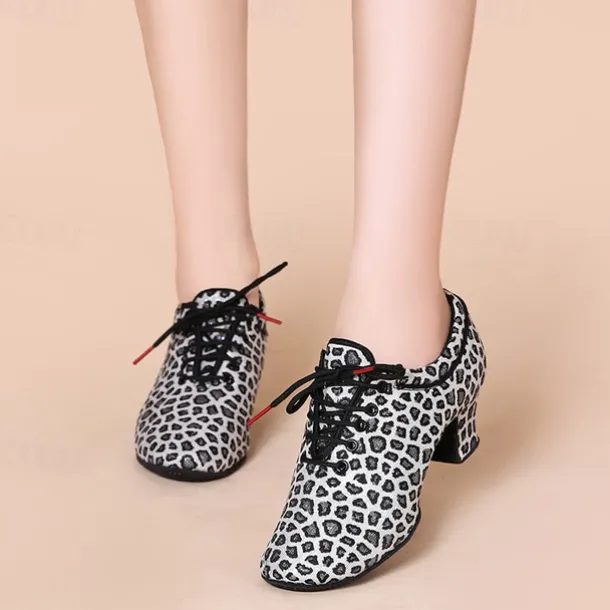 Women's Latin Shoes Practice Trainning Dance Shoes Performance Training Heel Cuban Heel Round Toe Lace-up Adults' Black Brown