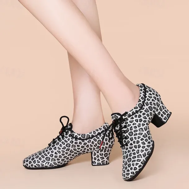 Women's Latin Shoes Practice Trainning Dance Shoes Performance Training Heel Cuban Heel Round Toe Lace-up Adults' Black Brown