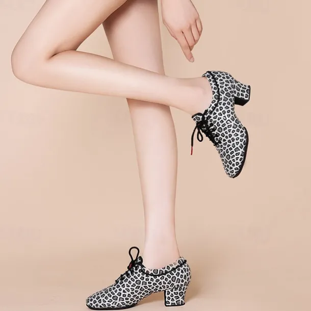 Women's Latin Shoes Practice Trainning Dance Shoes Performance Training Heel Cuban Heel Round Toe Lace-up Adults' Black Brown