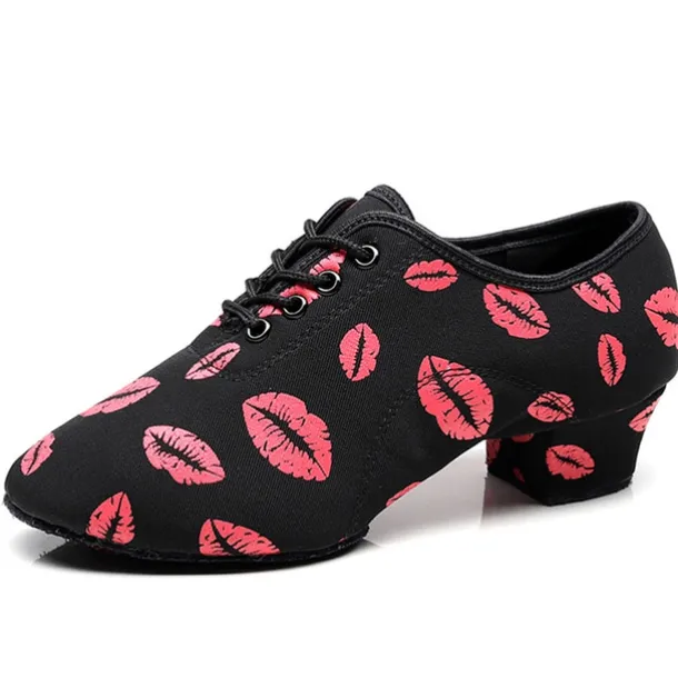 Women's Latin Shoes Practice Trainning Dance Shoes Line Dance Performance Party Practice Lace Up Pattern / Print Oxford Sneaker Pattern / Print Thick Heel Black / Red