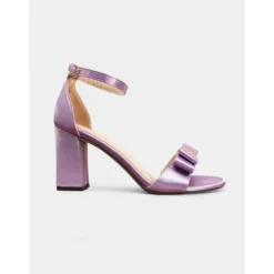 Women's Lavender Satin Block Heel Sandals - Ankle Strap Open Toe Shoes with Bow Detail for Formal Events and Nightlife Parties