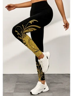 Women's Leggings Active Vacation Vintage Ankle-Length High Waist Graphic Abstract 3D Print Quick Dry Breathability Soft Stretchy Outdoor Home Causal Yellow Pink Blue Gray Fall Slim Fit