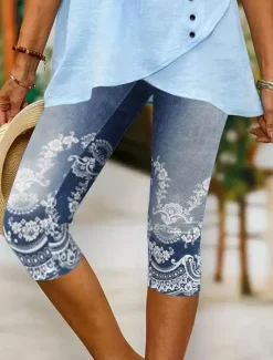 Women's Leggings Capri Pants High Elasticity Vacation Vintage Fashion Calf-Length Mid Waist Floral Graphic Printing Breathable Soft Stretchy Vacation Casual Daily Robin's Egg Blue Dark Navy