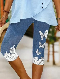 Women's Leggings Capri Pants High Elasticity Vacation Vintage Fashion Calf-Length Mid Waist Floral Graphic Printing Breathable Soft Stretchy Vacation Casual Daily Robin's Egg Blue Dark Navy