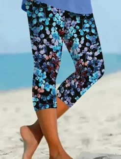 Women's Leggings Capri Pants High Elasticity Vacation Fashion Hawaiian Ankle-Length Mid Waist Floral Printing Thermal Warm Breathable Soft Vacation Casual Daily Black and Blue Summer Spring