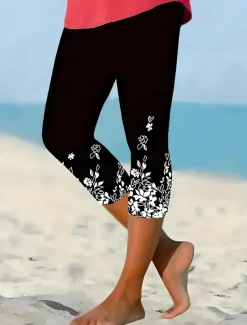 Women's Leggings Capri Pants High Elasticity Vacation Vintage Fashion Calf-Length Mid Waist Floral Graphic Printing Breathable Soft Stretchy Vacation Casual Daily Black sky blue Green