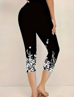 Women's Leggings Capri Pants High Elasticity Vacation Vintage Fashion Calf-Length Mid Waist Floral Graphic Printing Breathable Soft Stretchy Vacation Casual Daily Black sky blue Green