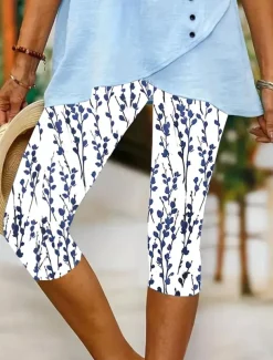 Women's Leggings Capri Pants High Elasticity Vacation Vintage Fashion Calf-Length Mid Waist Floral Graphic Printing Breathable Soft Stretchy Vacation Casual Daily Black sky blue Green