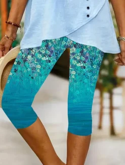 Women's Leggings Capri Pants High Elasticity Vacation Vintage Fashion Calf-Length Mid Waist Floral Graphic Printing Breathable Soft Stretchy Vacation Casual Daily Black sky blue Green