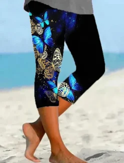 Women's Leggings Capri Pants High Elasticity Vacation Fashion Hawaiian Calf-Length Mid Waist Graphic Butterfly Printing Breathable Soft Vacation Casual Daily Black Summer Spring Regular Fit