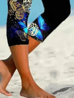 Women's Leggings Capri Pants High Elasticity Vacation Fashion Hawaiian Calf-Length Mid Waist Graphic Butterfly Printing Breathable Soft Vacation Casual Daily Black Summer Spring Regular Fit