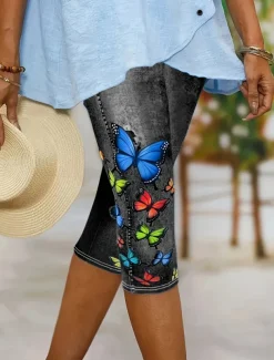Women's Leggings Capri Pants High Elasticity Vacation Vintage Fashion Calf-Length High Waist Graphic Butterfly Printing Thermal Warm Breathable Soft Stretchy Formal Outdoor Vacation