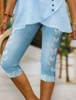 Women's Leggings Capri Pants 3D Print High Elasticity Vacation Vintage Fashion Calf-Length High Waist Butterfly Abstract Printing Breathable Soft Stretchy Formal Outdoor Vacation Robin's Egg Blue