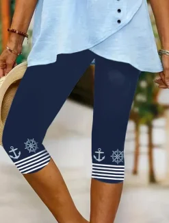 Women's Leggings Capri Pants High Elasticity Vacation Fashion coastal grandma style Full Length Mid Waist Graphic Stripe Ocean Printing Thermal Warm Breathable Soft Stretchy Outdoor Vacation Summer