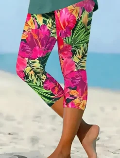 Women's Leggings Capri Pants High Elasticity Vacation Fashion Hawaiian Ankle-Length Mid Waist Floral Graphic Printing Thermal Warm Breathable Soft Vacation Casual Daily