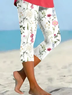Women's Leggings Capri Pants High Elasticity Vacation Fashion Hawaiian Ankle-Length Mid Waist Floral Graphic Printing Thermal Warm Breathable Soft Vacation Casual Daily