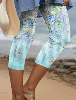 Women's Leggings Capri Pants High Elasticity Fashion Streetwear Full Length High Waist Floral Printing Thermal Warm Breathable Soft Outdoor Daily Blue Fall Winter Regular Fit