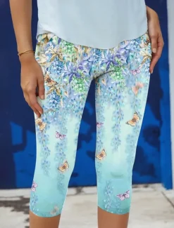 Women's Leggings Capri Pants High Elasticity Fashion Streetwear Full Length High Waist Floral Printing Thermal Warm Breathable Soft Outdoor Daily Blue Fall Winter Regular Fit