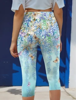 Women's Leggings Capri Pants High Elasticity Fashion Streetwear Full Length High Waist Floral Printing Thermal Warm Breathable Soft Outdoor Daily Blue Fall Winter Regular Fit