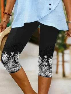 Women's Leggings Capri Pants High Elasticity Vacation Vintage Fashion Calf-Length Mid Waist Floral Graphic Printing Breathable Soft Stretchy Formal Vacation Street Robin's Egg Blue Black Dark Navy