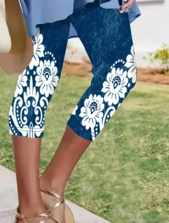 Women's Leggings Capri Pants 3D Print High Elasticity Vacation Vintage Fashion Calf-Length High Waist Floral Graphic Printing Thermal Warm Breathable Soft Stretchy Formal Outdoor Vacation Navy-blue