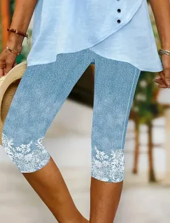 Women's Leggings Capri Pants High Elasticity Vacation Fashion Hawaiian Calf-Length Mid Waist Floral Graphic Printing Breathable Soft Vacation Casual Daily Light Blue Summer Spring Regular Fit