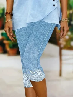 Women's Leggings Capri Pants High Elasticity Vacation Fashion Hawaiian Calf-Length Mid Waist Floral Graphic Printing Breathable Soft Vacation Casual Daily Light Blue Summer Spring Regular Fit