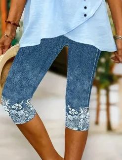Women's Leggings Capri Pants High Elasticity Vacation Fashion Hawaiian Calf-Length Mid Waist Floral Graphic Printing Breathable Soft Vacation Casual Daily Light Blue Summer Spring Regular Fit
