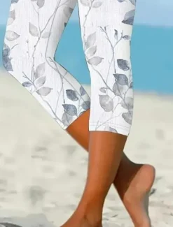 Women's Leggings Capri Pants High Elasticity Fashion Full Length Mid Waist Layered Print Casual Daily Sillver Gray Summer Regular Fit