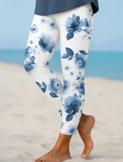 Women's Leggings Elegant Vacation Vintage Ankle-Length High Waist Floral Graphic 3D Print Quick Dry Breathability Soft Stretchy Outdoor Home Causal Black Blue Purple Green Fall Regular Fit
