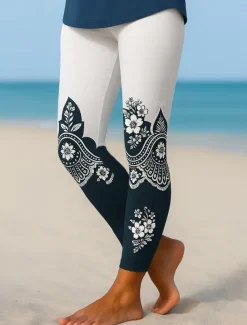 Women's Leggings Elegant Vacation Vintage Ankle-Length High Waist Floral Graphic 3D Print Quick Dry Breathability Soft Stretchy Formal Outdoor Vacation Black White Khaki Fall Regular Fit