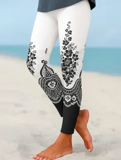 Women's Leggings Elegant Vacation Vintage Ankle-Length High Waist Floral Graphic 3D Print Quick Dry Breathability Soft Stretchy Formal Outdoor Vacation Black White Khaki Fall Regular Fit
