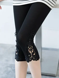 Women's Leggings Fashion Casual Daily Capris Solid Colored Lace Tummy Control Butt Lift Comfort Stretchy Casual Daily Black White ash-colored Skinny