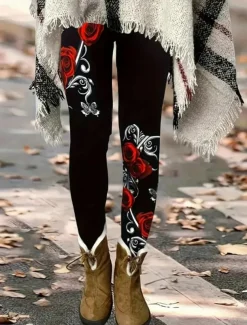 Women's Leggings Fashion Streetwear Ankle-Length High Waist Rose Printing Thermal Warm Soft Breathable Micro-elastic Outdoor Daily Black Fall Winter Regular Fit