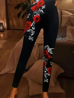 Women's Leggings Fashion Streetwear Ankle-Length High Waist Rose Printing Thermal Warm Soft Breathable Micro-elastic Outdoor Daily Black Fall Winter Regular Fit