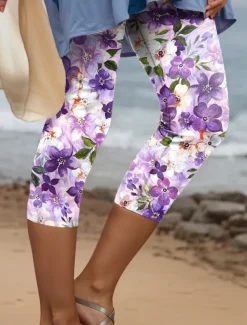 Women's Leggings Pants 3D Print High Elasticity Fashion Streetwear Full Length High Waist Floral Thermal Warm Breathable Soft Outdoor Daily Pink Blue Purple Green Fall Winter Regular Fit