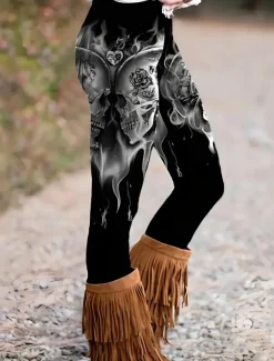Women's Leggings Punk Vintage Fashion Ankle-Length High WaistPantsHalloween Graphic Halloween Printing Thermal Warm Soft Breathable Stretchy Vacation Casual Daily Black White Sky Blue Green Spring