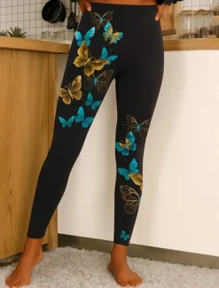 Women's Leggings Vacation Vintage Ethnic Style Ankle-Length High Waist Graphic Animal Butterfly 3D Print Quick Dry Breathability Soft Stretchy Outdoor Home Causal Yellow Blue Purple Fall Slim Fit