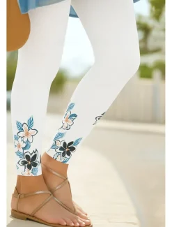 Women's Leggings Vacation Vintage Ethnic Style Ankle-Length High Waist Floral Graphic 3D Print Quick Dry Breathability Soft Stretchy Outdoor Home Causal White Navy Blue Blue Spring Fall Slim Fit
