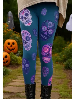 Women's Leggings Vacation Vintage Ethnic Style Ankle-Length High WaistPantsHalloween Graphic Skull 3D Print Quick Dry Breathability Soft High Elasticity Outdoor Home Causal Lake blue Purple Fall Slim