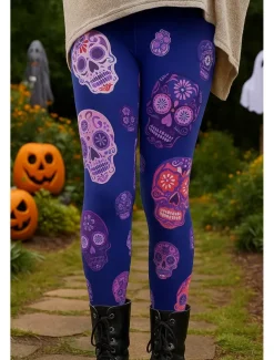 Women's Leggings Vacation Vintage Ethnic Style Ankle-Length High WaistPantsHalloween Graphic Skull 3D Print Quick Dry Breathability Soft High Elasticity Outdoor Home Causal Lake blue Purple Fall Slim