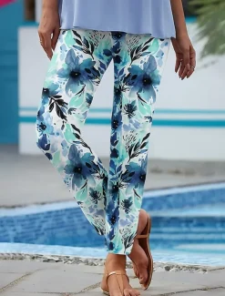 Women's Leggings Vacation Vintage Ethnic Style Ankle-Length High Waist Floral Graphic 3D Print Quick Dry Breathability Soft Stretchy Outdoor Home Causal White Yellow Blue Spring Fall Slim Fit