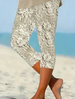 Women's Leggings Vacation Vintage Ethnic Style Calf-Length High Waist Floral Graphic Quick Dry Soft Comfortable Stretchy Formal Outdoor Vacation Buff Summer Spring Skinny
