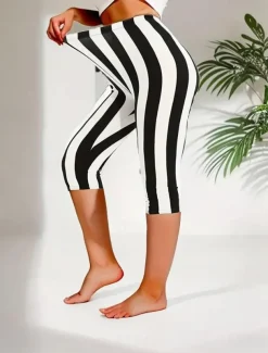 Women's Leggings Vacation Vintage Fashion Full Length Mid Waist Graphic Striped Printing Thermal Warm Breathable Soft Stretchy Outdoor Vacation Street Black Summer Spring Slim Fit