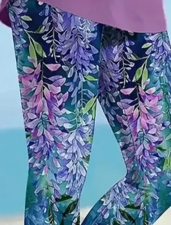 Women's Leggings Vacation Vintage Fashion Ankle-Length High Waist Floral Graphic Leaf Printing Soft Breathable Stretchy Vacation Causal Casual Purple Spring Slim Fit